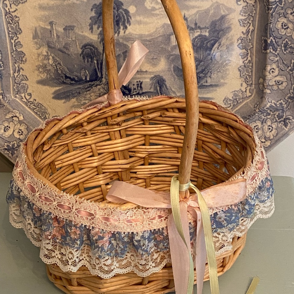 Vintage Wicker Easter Basket with Lace and Ribbon